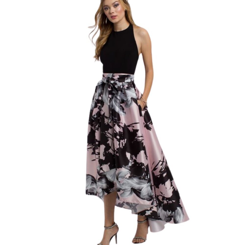 Camille La Vie Black and Pink Floral Prom Dress